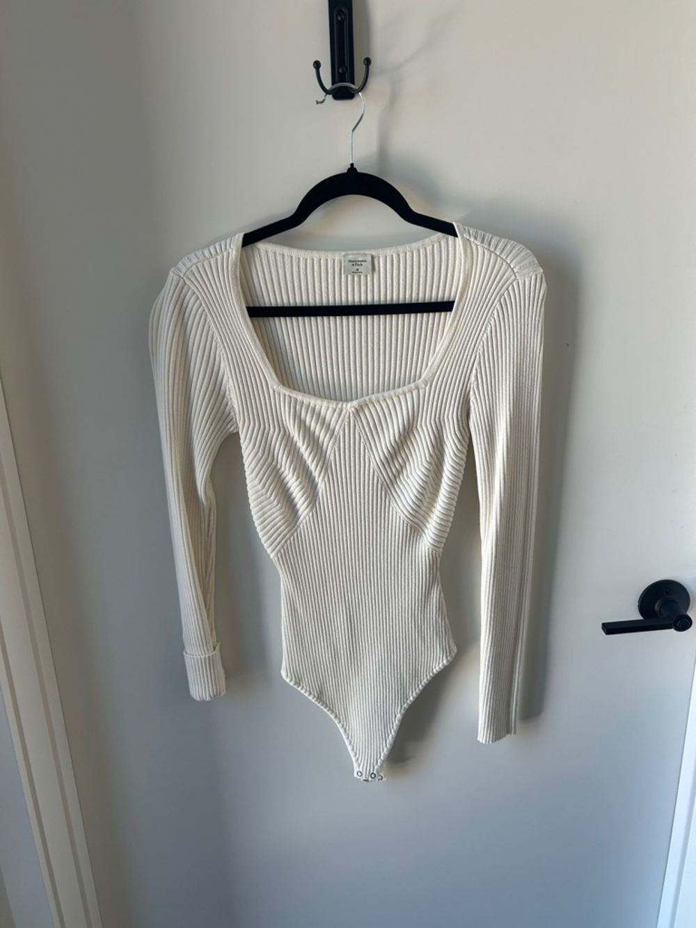 Abercrombie & Fitch Cream Ribbed Square-Neck Long Sleeve Bodysuit